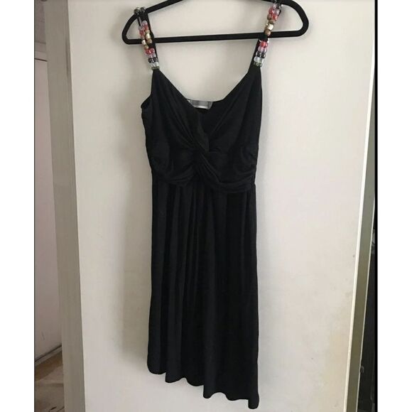Black Wrap Bodice Beaded Strap Dress Sz M - Picture 1 of 3